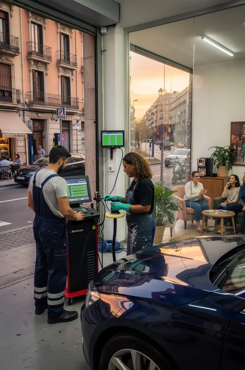 Técnico especializado reparando la carrocería de un vehículo tras una colisión en un taller moderno en España.
