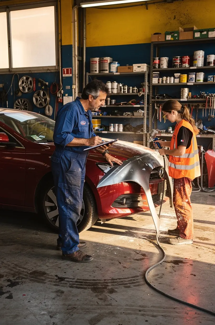 Proceso de pintura automotriz profesional, mostrando aplicación cuidadosa de pintura para restaurar el acabado exterior del coche.